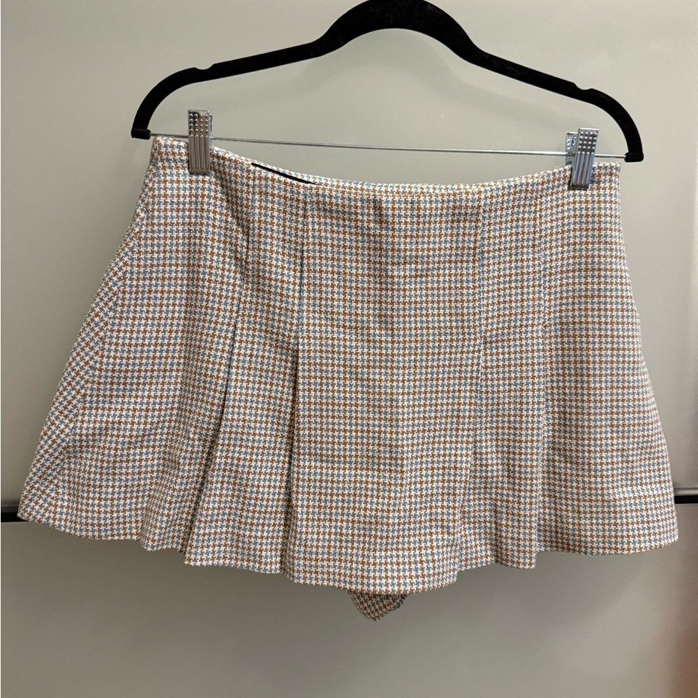 Zara Houndstooth Pleated Mini Skort in Cream, Tan & Blue | NWT Sz Medium